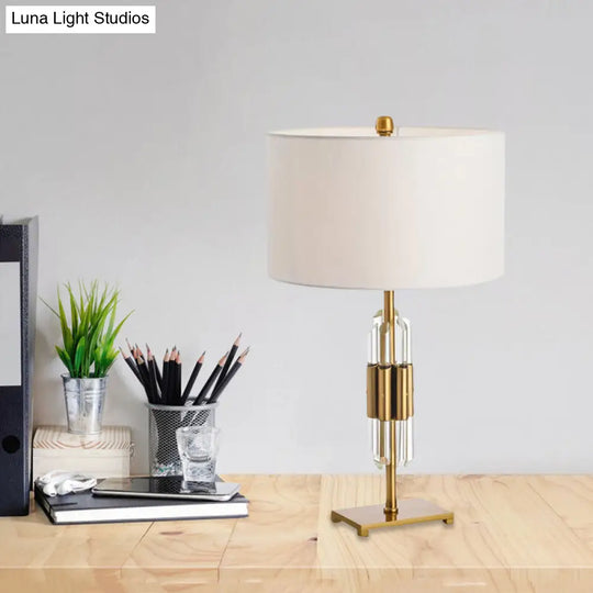 Postmodern Crystal Rod Nightstand Lamp With White And Gold Base Drum Fabric Shade