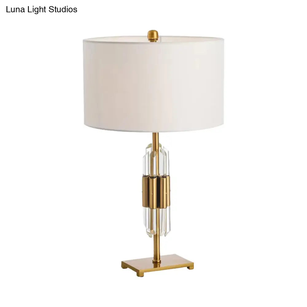 Postmodern Crystal Rod Nightstand Lamp With White And Gold Base Drum Fabric Shade