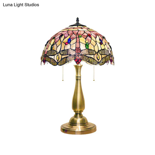 Tiffany Dragonfly Scalloped Dome Shell Night Lamp With Brushed Brass Base - 2 Heads Pull Chain And