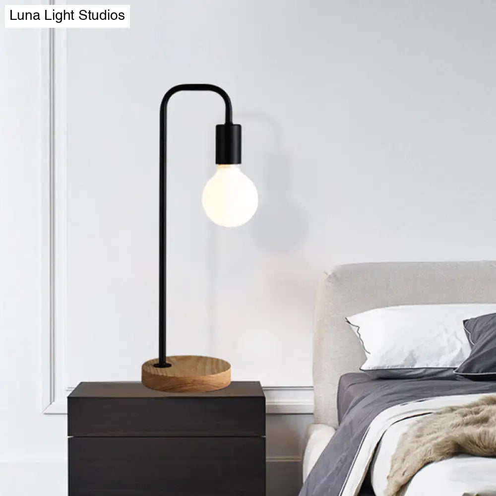 Black Iron Industrial Bulb Night Light With Wooden Base - Perfect For Bedroom Tables