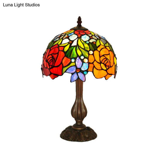 Victorian Blossom Table Lamp With Multicolored Stained Glass - Elegant 1-Head Nightstand Light