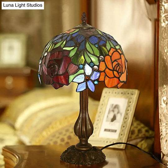 Victorian Blossom Table Lamp With Multicolored Stained Glass - Elegant 1-Head Nightstand Light