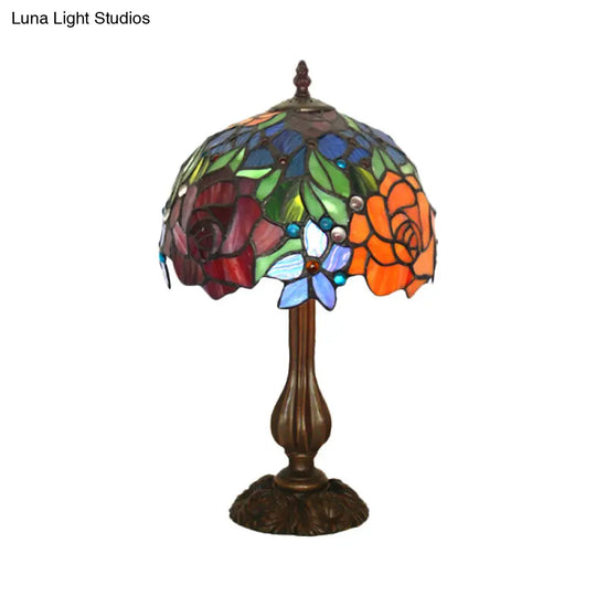 Victorian Blossom Table Lamp With Multicolored Stained Glass - Elegant 1-Head Nightstand Light