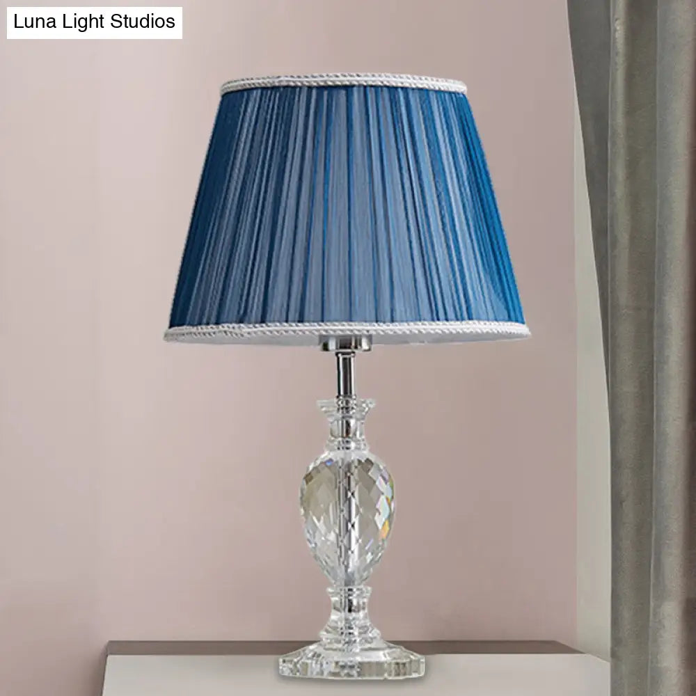 Traditional Pleated Crystal Nightstand Lamp With Fabric Shade - Yellow/Blue Parlor Table Light