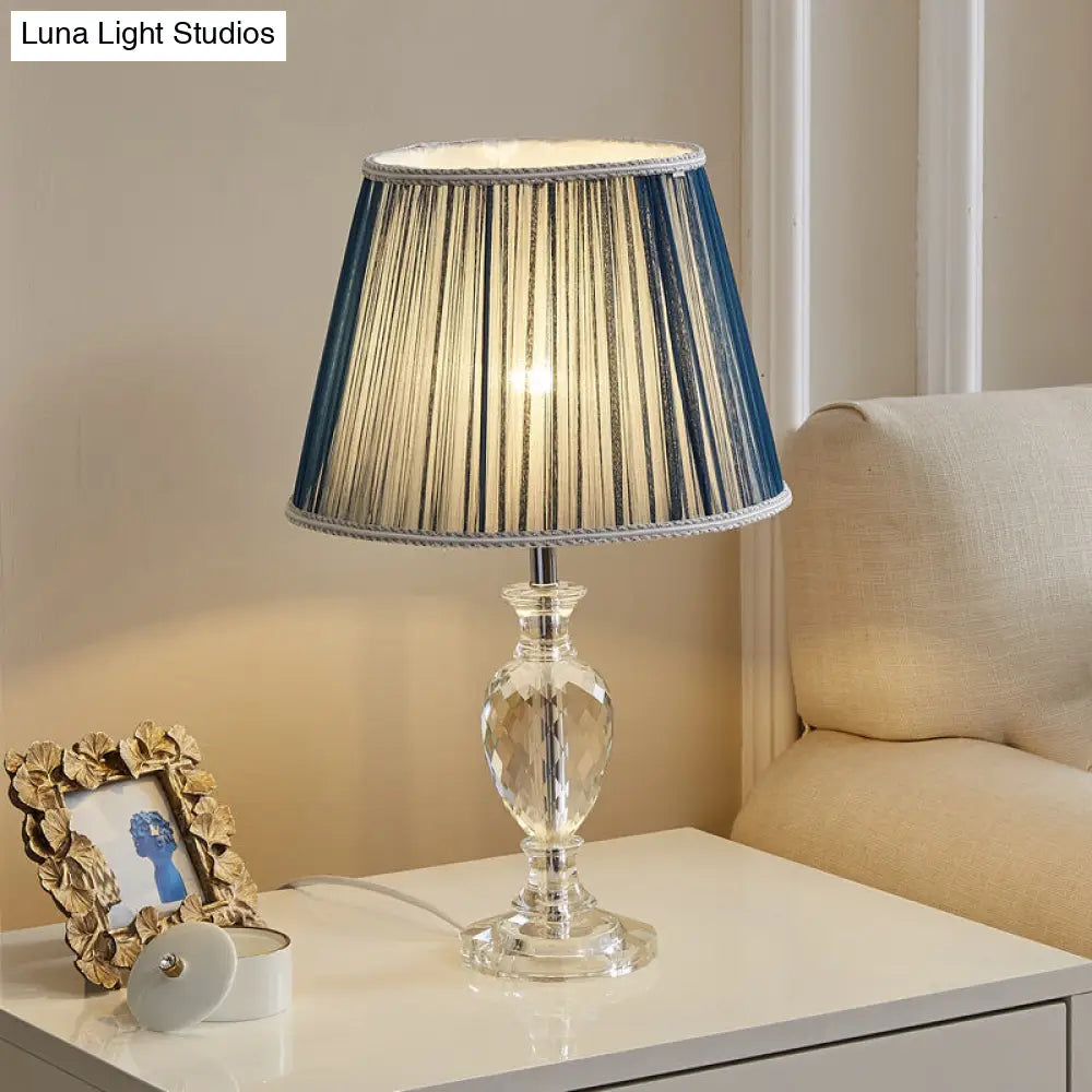 Traditional Pleated Crystal Nightstand Lamp With Fabric Shade - Yellow/Blue Parlor Table Light