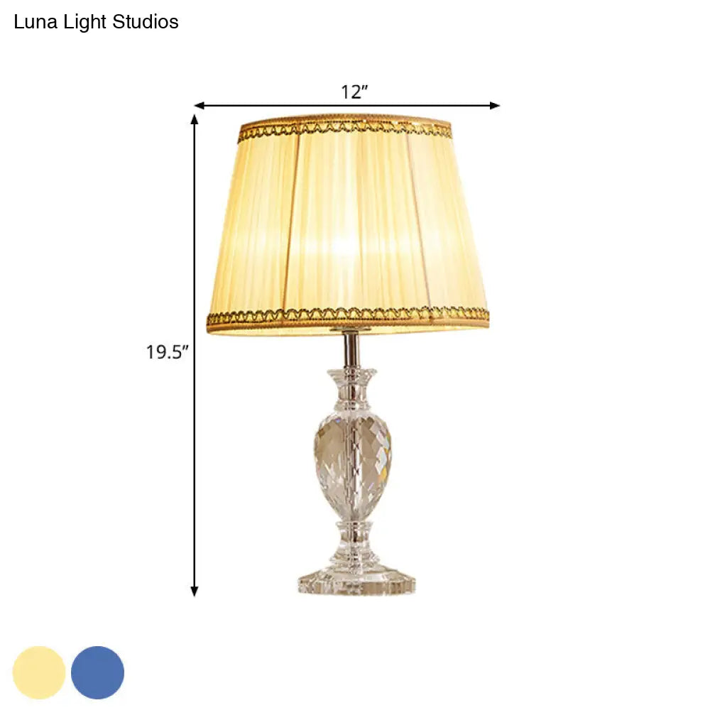 Traditional Pleated Crystal Nightstand Lamp With Fabric Shade - Yellow/Blue Parlor Table Light