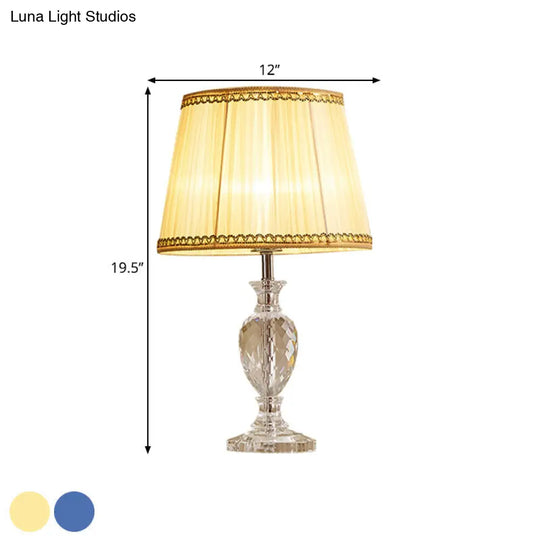 Traditional Pleated Crystal Nightstand Lamp With Fabric Shade - Yellow/Blue Parlor Table Light