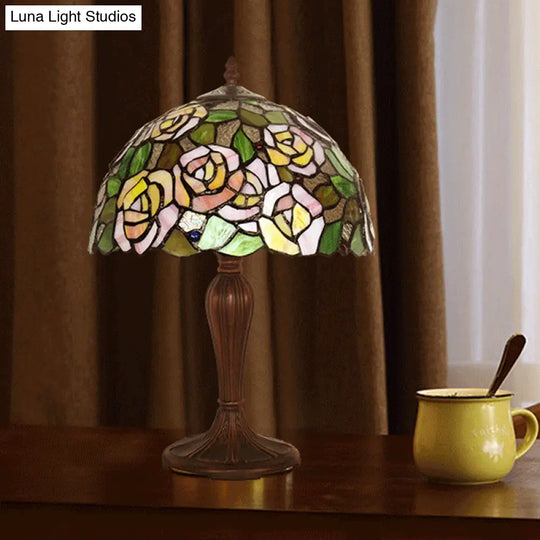 Marina - Bronze Single Nightstand Light Tiffany Stained Art Glass Peony Table Lamp With Dome Shade