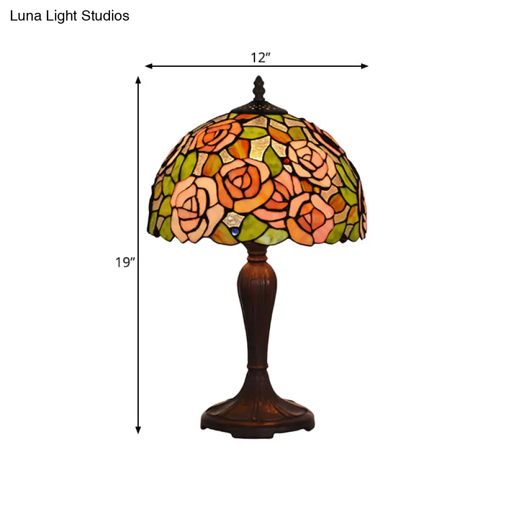 Marina - Bronze Single Nightstand Light Tiffany Stained Art Glass Peony Table Lamp With Dome Shade