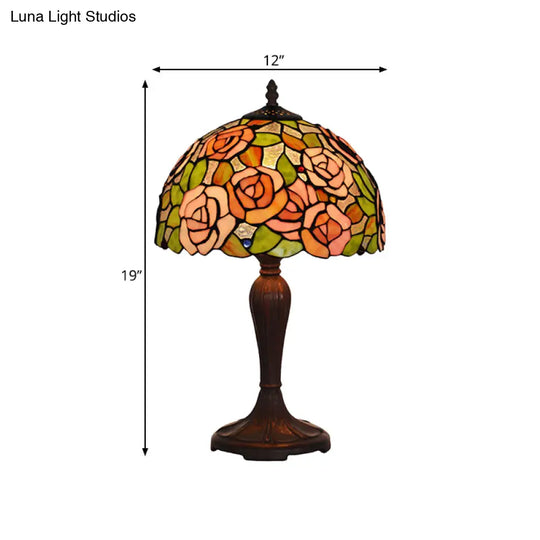 Marina - Bronze Single Nightstand Light Tiffany Stained Art Glass Peony Table Lamp With Dome Shade