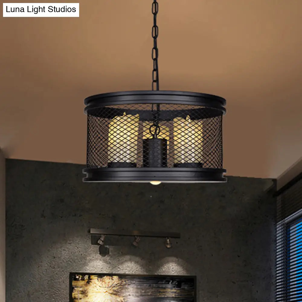 Marina - Industrial Black Drum Shade Chandelier Metal And Resin 3-Light Living Room Pendant