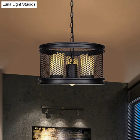 Marina - Industrial Black Drum Shade Chandelier Metal And Resin 3-Light Living Room Pendant Lighting