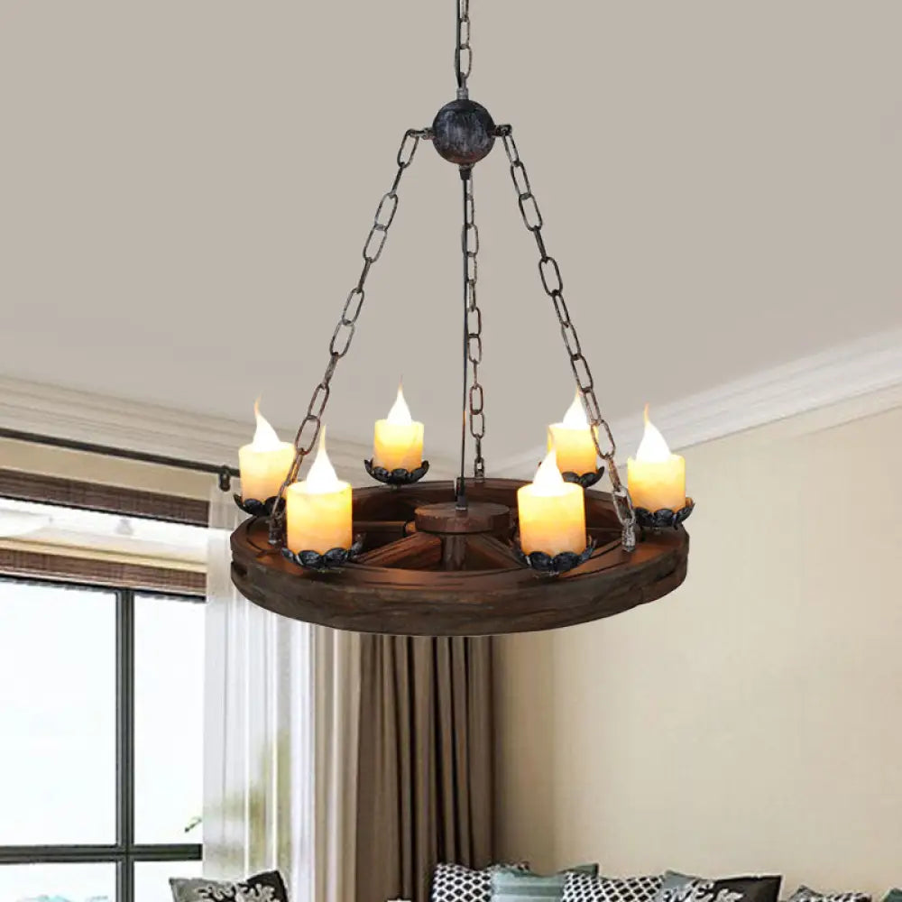 Marina - Marble Chandelier Lamp: Elegant 6-Head Pendant With Wood Wheel Design