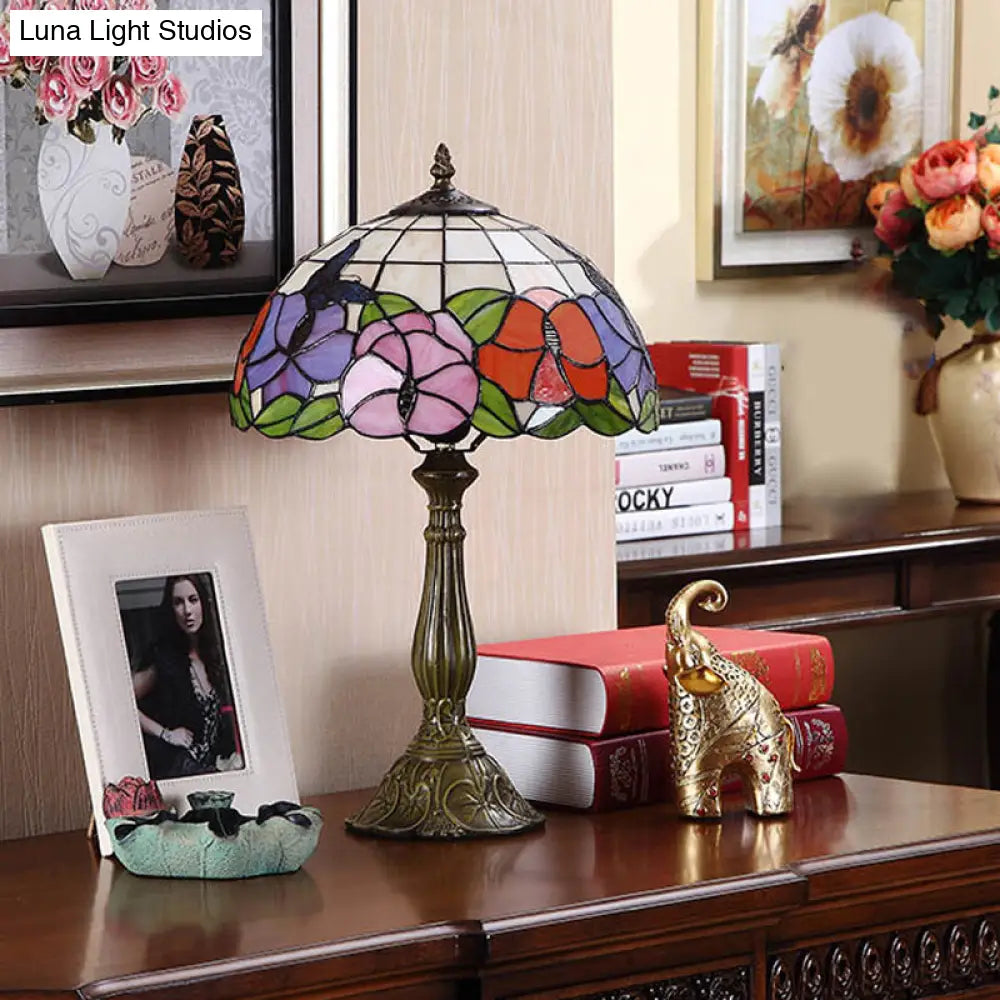 Tiffany Bronze Stained Glass Night Lamp: Grid-Bowl Table Light With Butterfly And Flower Motif