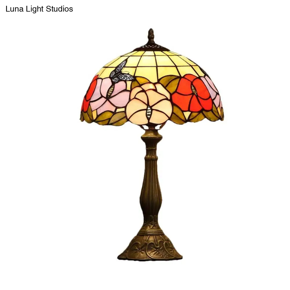 Tiffany Bronze Stained Glass Night Lamp: Grid-Bowl Table Light With Butterfly And Flower Motif