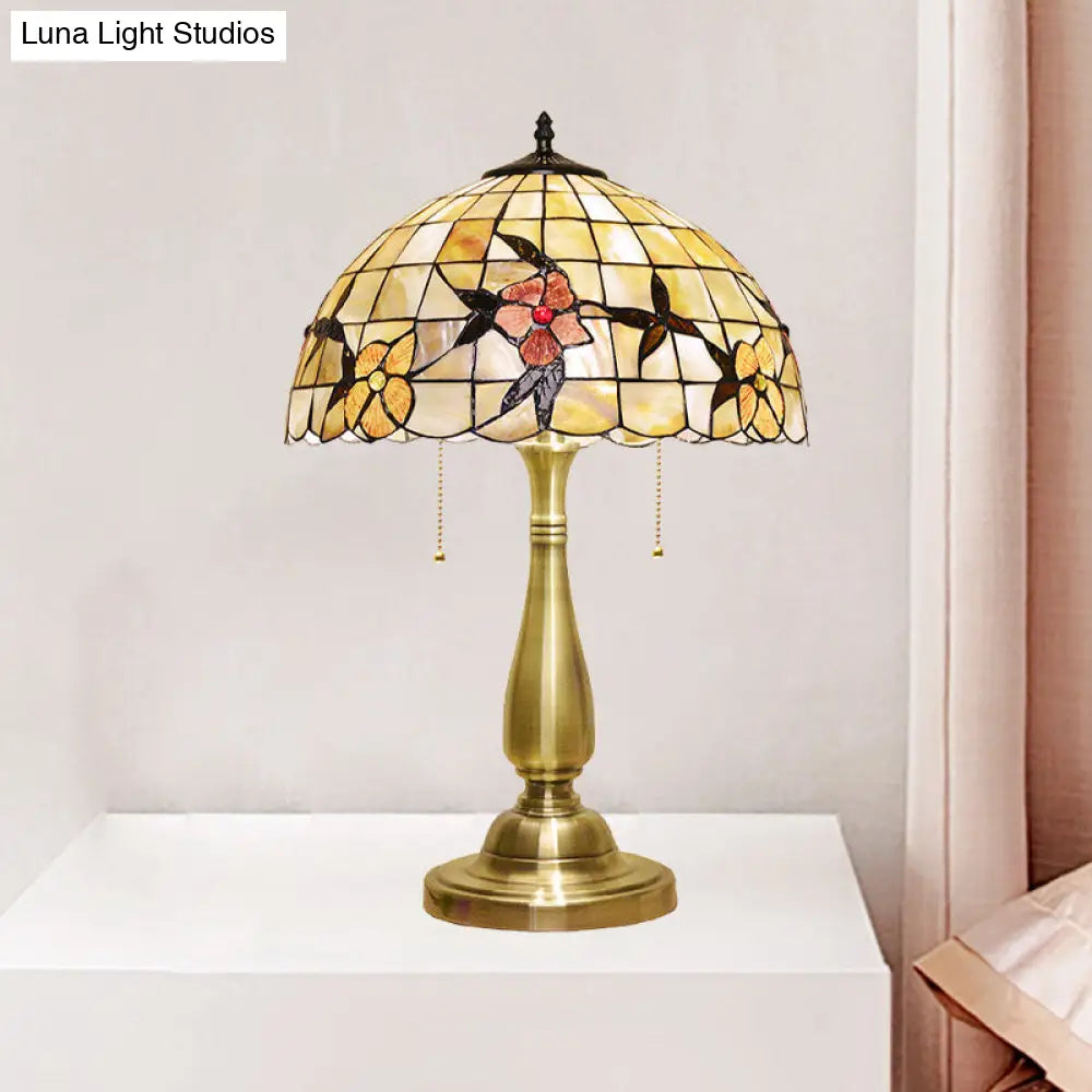 Tiffany Sparrow Pull-Chain Night Light Table Lamp - 2-Head Shell Design In Brushed Brass For Bedside