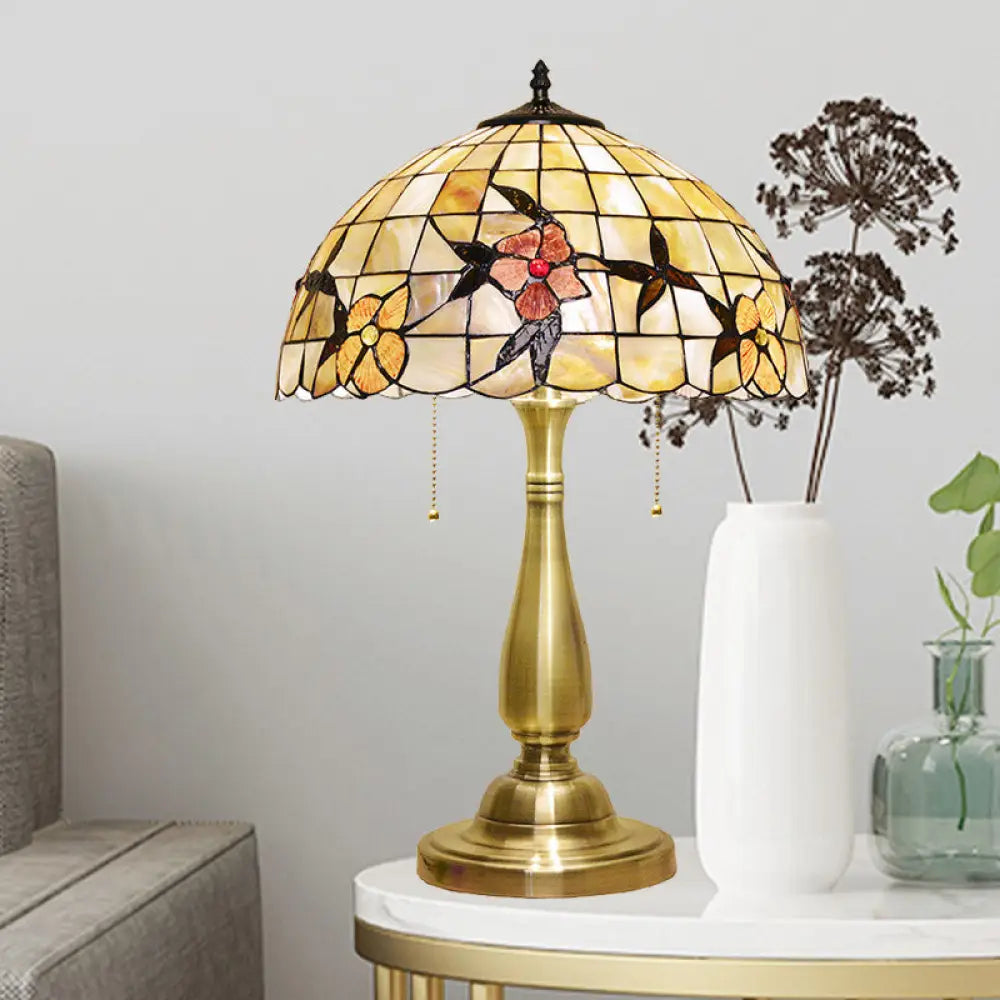 Marina - Tiffany Sparrow Pull-Chain Night Light Table Lamp: 2-Head Shell Design Brushed Brass