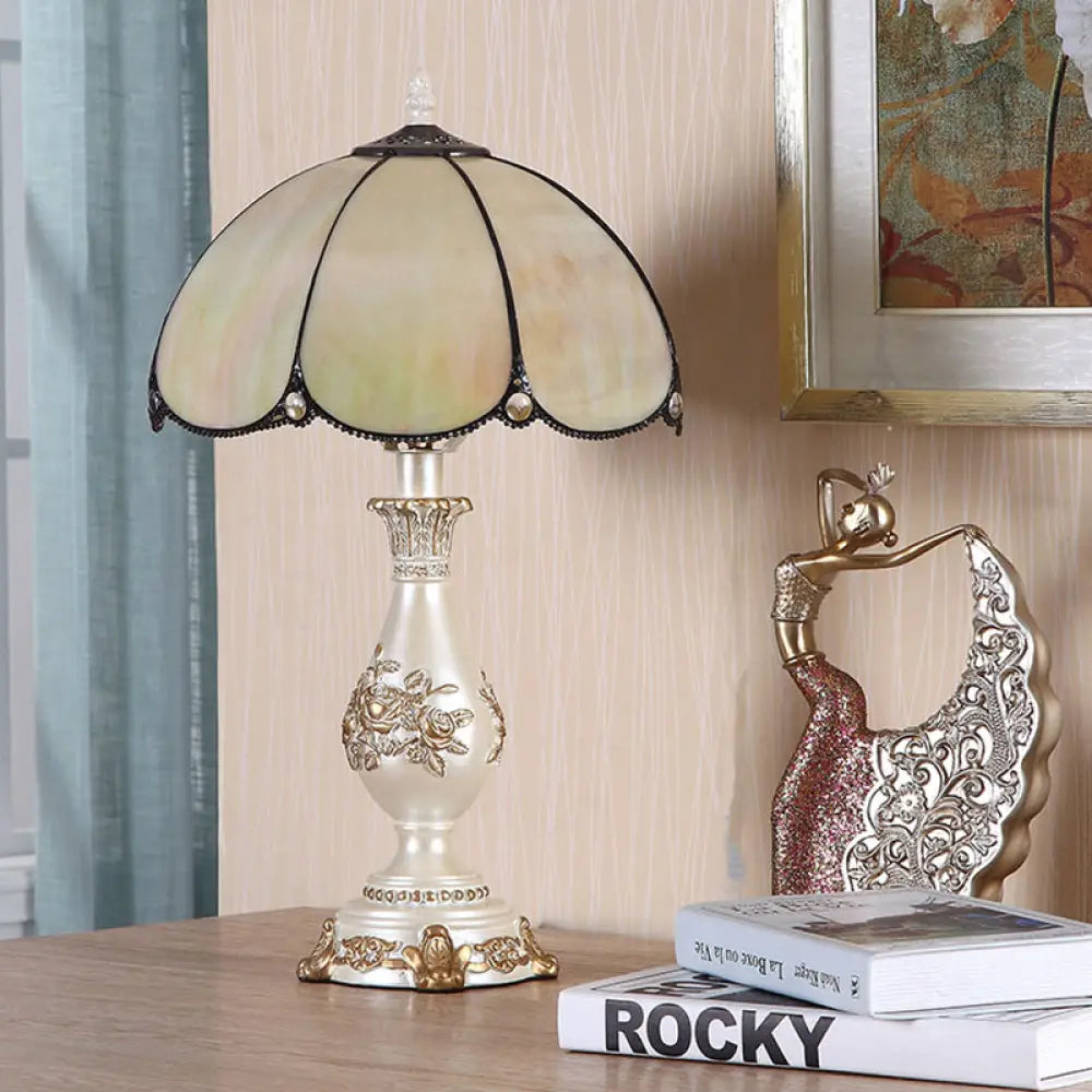 Marta - 1-Head Glossy Glass Scalloped Night Lamp Classic Beige Bowl Bedroom Reading Light With