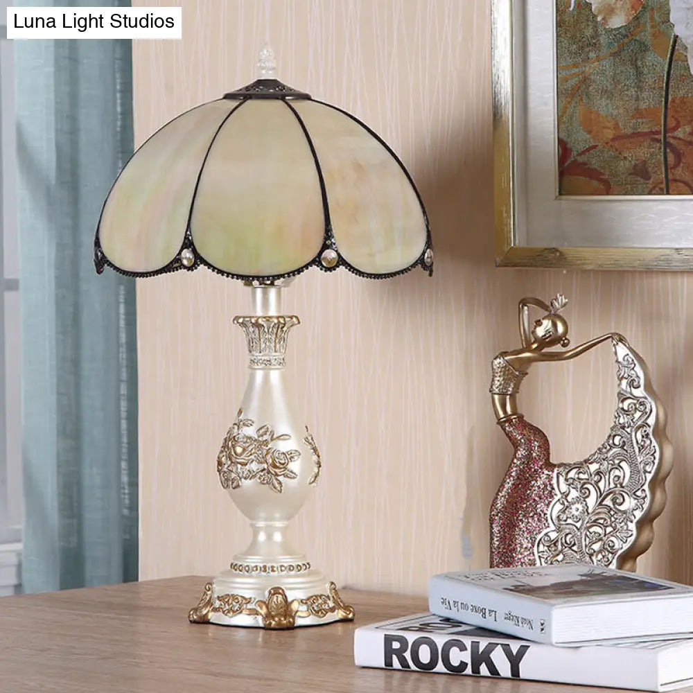 Scalloped Glass Night Lamp With Carved Vase Pedestal - Classic Beige Bedroom Reading Light