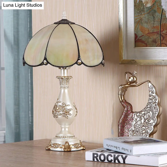 Scalloped Glass Night Lamp With Carved Vase Pedestal - Classic Beige Bedroom Reading Light