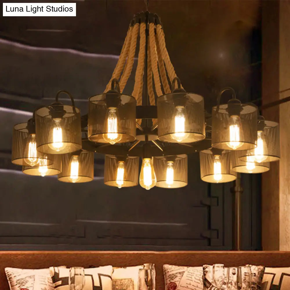 Marta - 9/13-Light Metal Black Chandelier: Farmhouse Rope Pendant Fixture