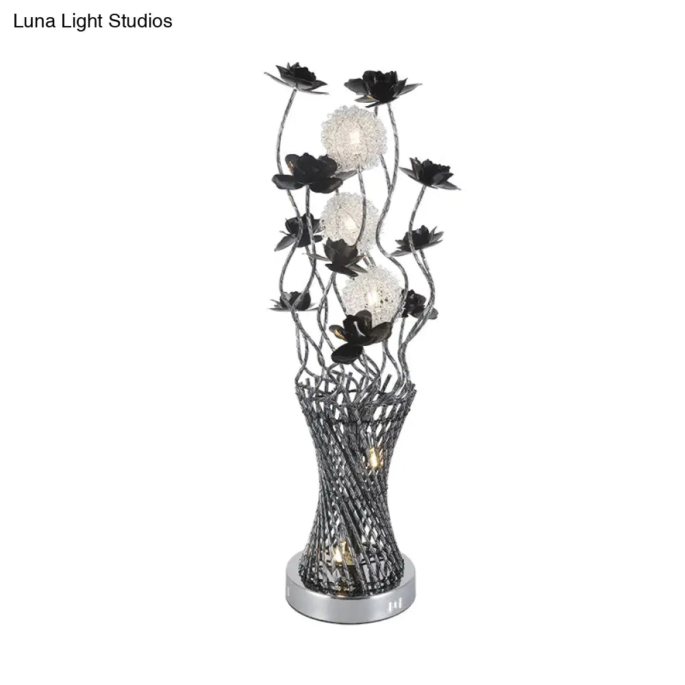 Martina - Cylinder Led Vine Night Light Art Decor Black-Silver Metal Table Lighting With Blossom