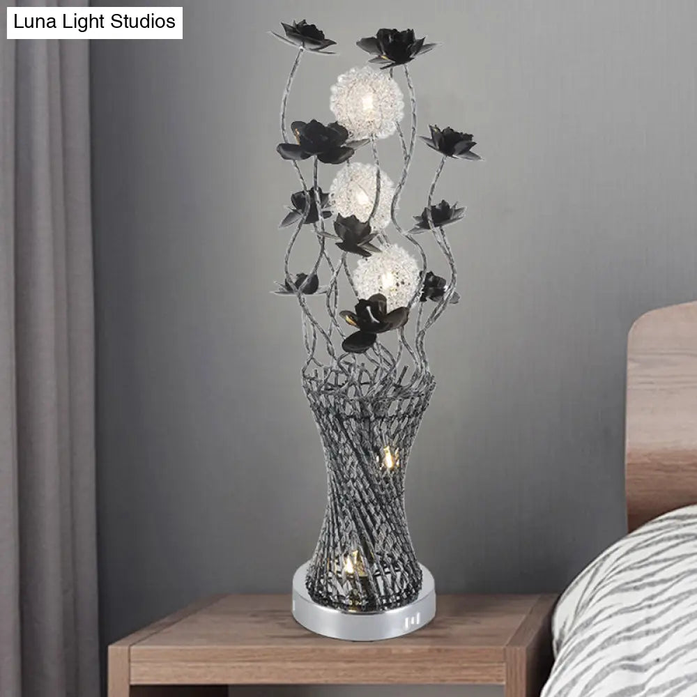 Martina - Cylinder Led Vine Night Light Art Decor Black-Silver Metal Table Lighting With Blossom