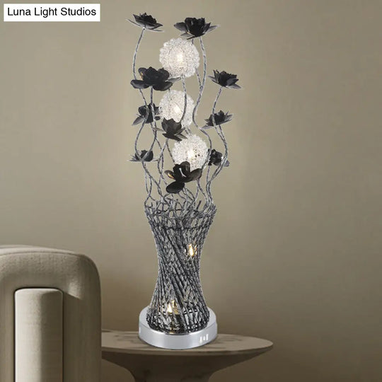 Led Cylinder Vine Night Light - Black-Silver Metal Table Lighting With Blossom Detail Bedside Decor