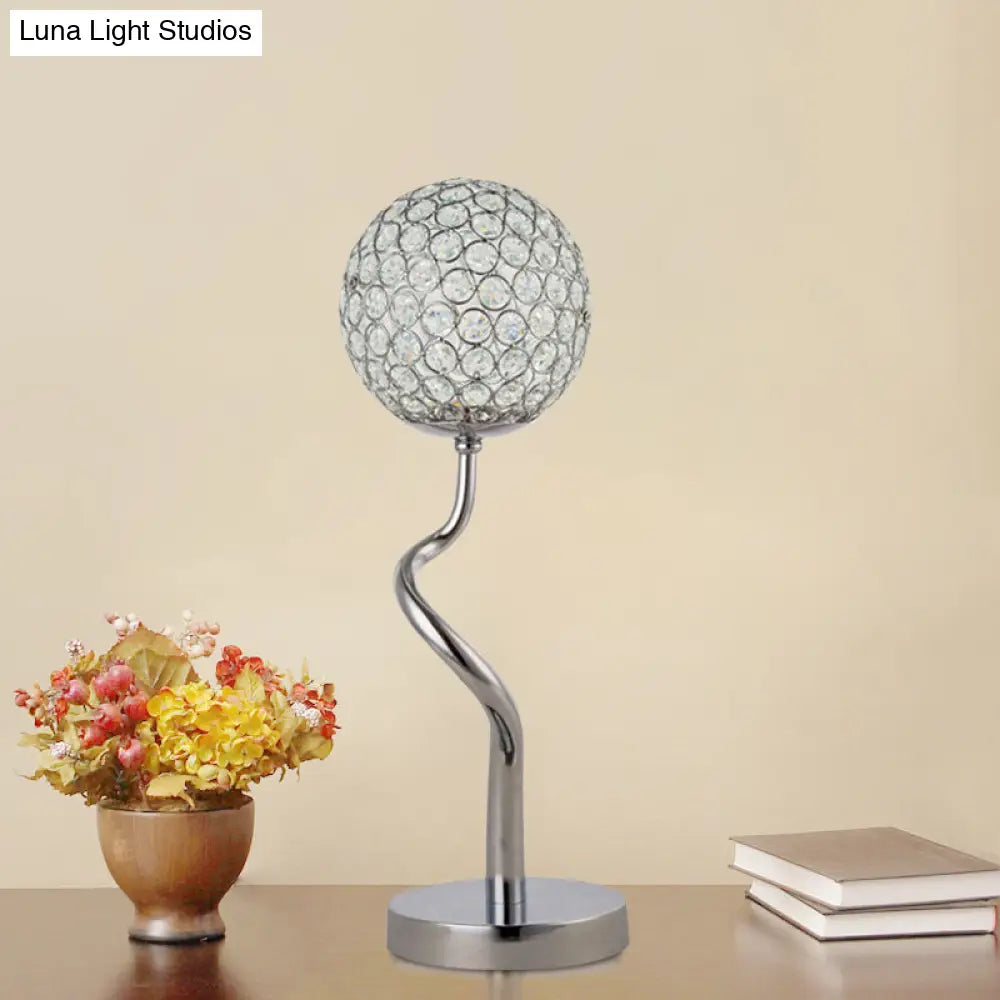 Contemporary Chrome Globe Table Lamp With Crystal Led Insert - Bedroom Light