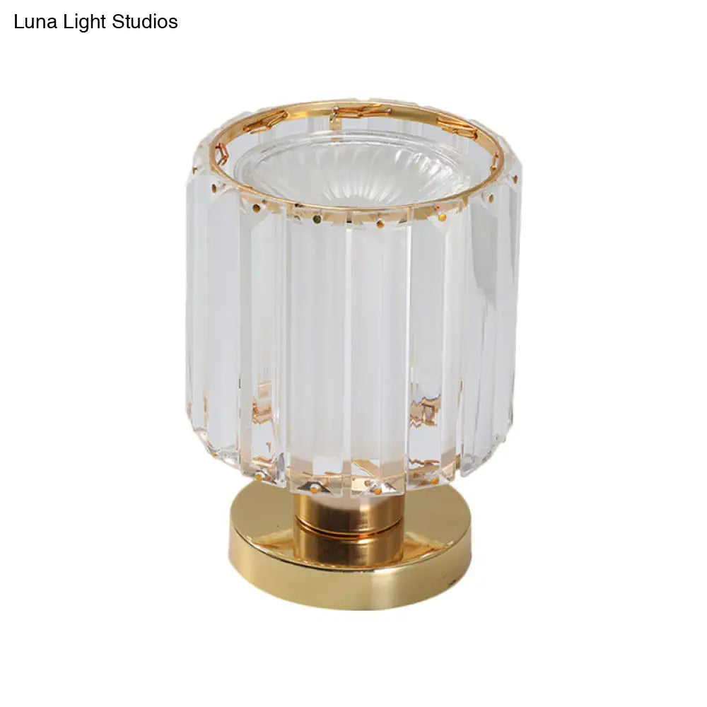 Simple Gold Finish Nightstand Lamp With Crystal Prism Shade - Bedroom Table Lighting