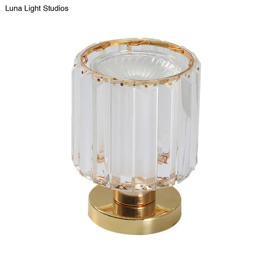 Simple Gold Finish Nightstand Lamp With Crystal Prism Shade - Bedroom Table Lighting