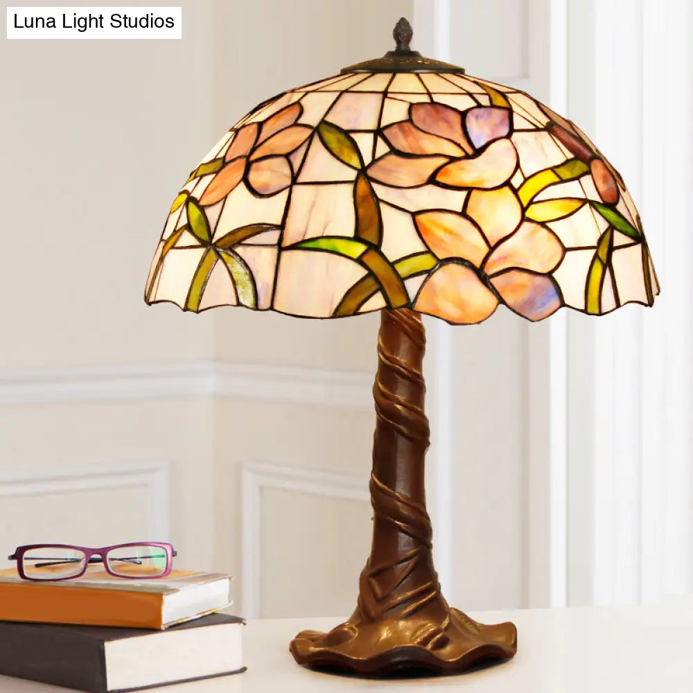 Tiffany Cut Glass Table Lamp With Pull Chains - 1-Head Domed Nightstand Light In Coffee