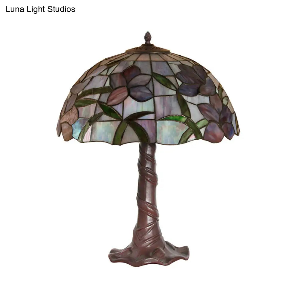 Tiffany Cut Glass Table Lamp With Pull Chains - 1-Head Domed Nightstand Light In Coffee