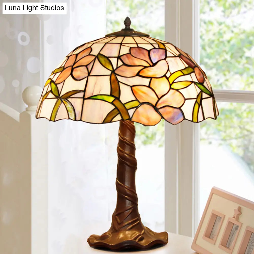 Tiffany Cut Glass Table Lamp With Pull Chains - 1-Head Domed Nightstand Light In Coffee