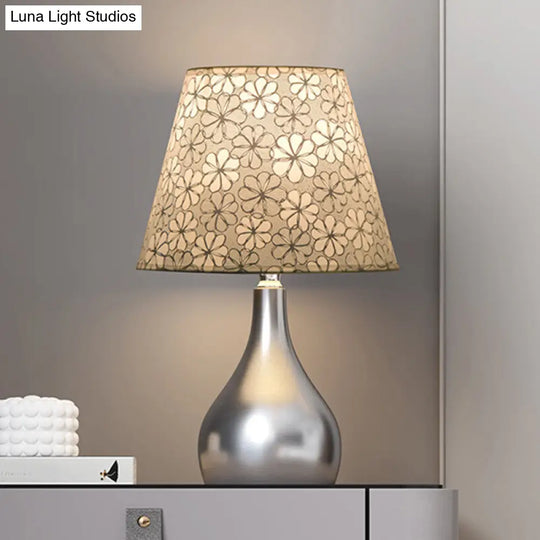 Modern Fabric Conic Table Light - Grey Floral Patterned Night Lamp With Silver Gourd Base