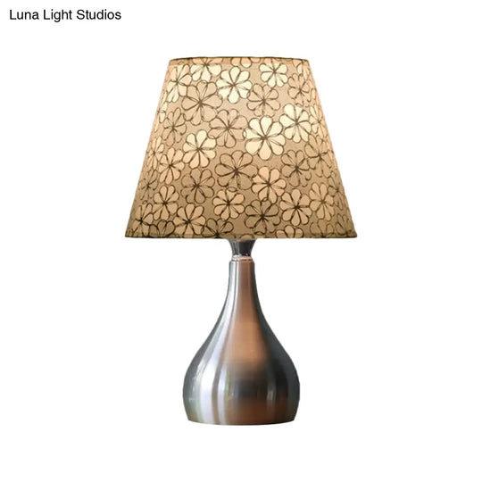 Mathilde - Conic Table Light Modern Fabric 1 Grey Floral Patterned Night Lamp With Gourd Silver