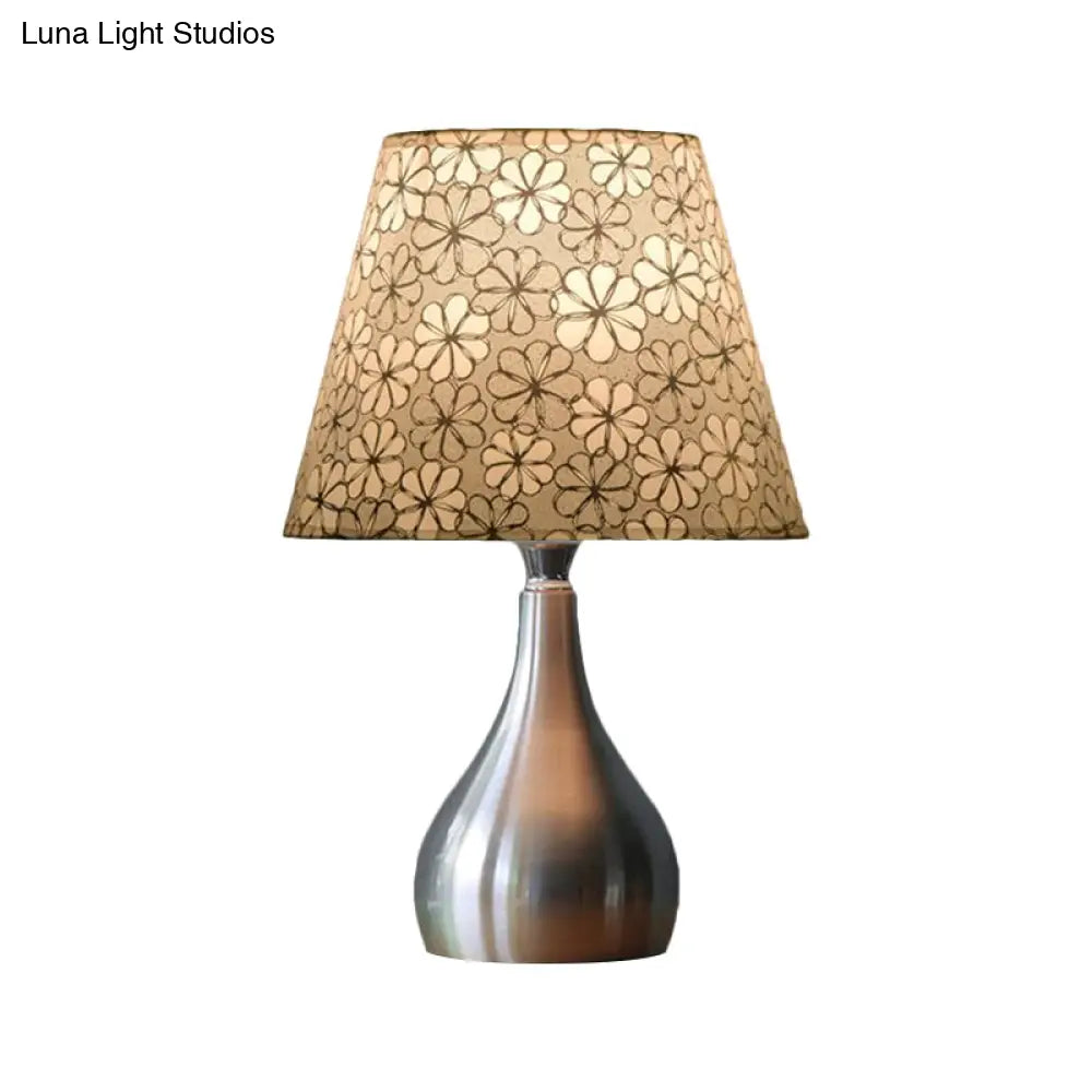 Modern Fabric Conic Table Light - Grey Floral Patterned Night Lamp With Silver Gourd Base