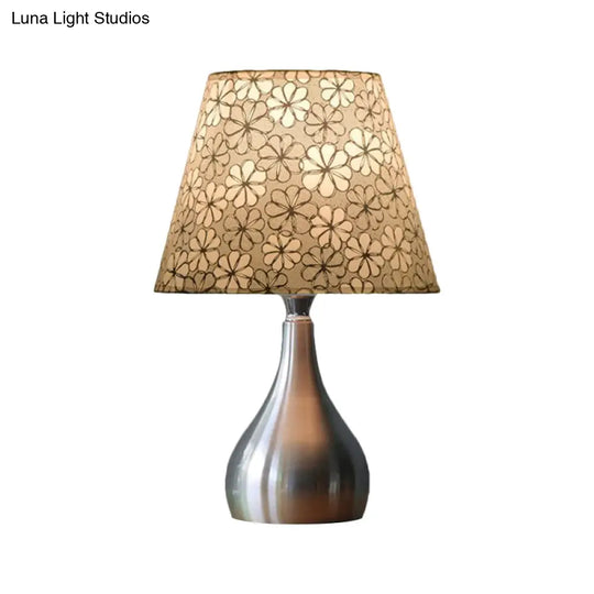 Modern Fabric Conic Table Light - Grey Floral Patterned Night Lamp With Silver Gourd Base