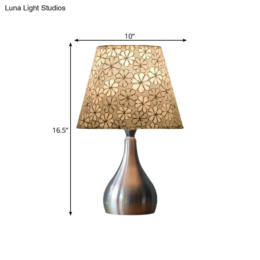 Modern Fabric Conic Table Light - Grey Floral Patterned Night Lamp With Silver Gourd Base