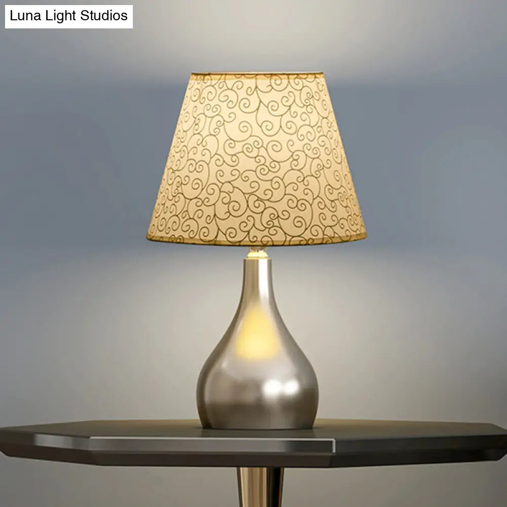 Modern Fabric Conic Table Light - Grey Floral Patterned Night Lamp With Silver Gourd Base