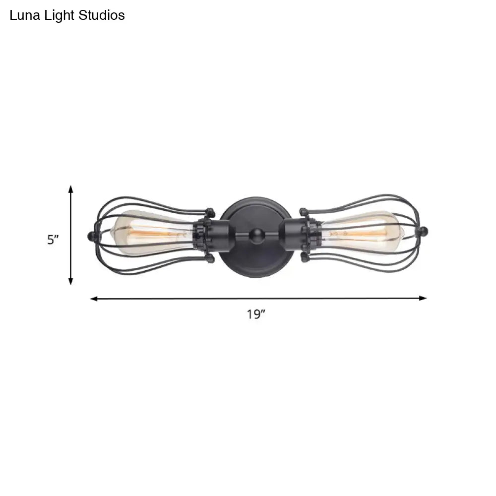 Matte Black Caged Metal Wall Sconce Lighting - Industrial 2-Bulb Design For Dining Room