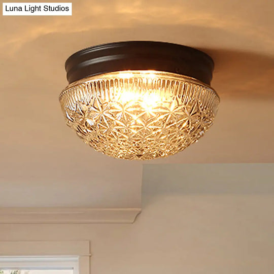 Matte Black Industrial Flushmount Ceiling Light With Clear Textured Glass Dome - 2 Bulb Flush