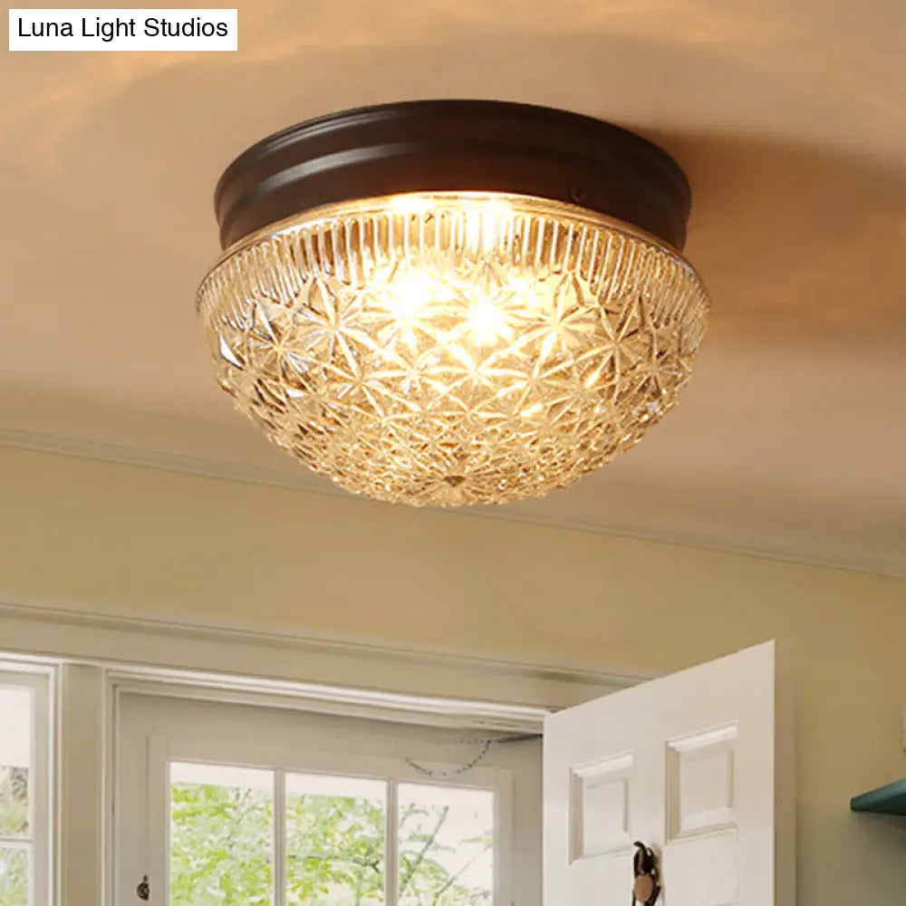 Matte Black Industrial Flushmount Ceiling Light With Clear Textured Glass Dome - 2 Bulb Flush