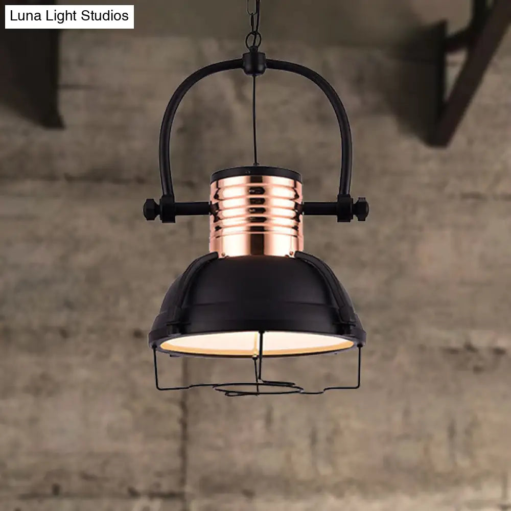 Industrial Matte Black Pendant Light With Metallic Dome Shade Glass Diffuser And Wire Cage