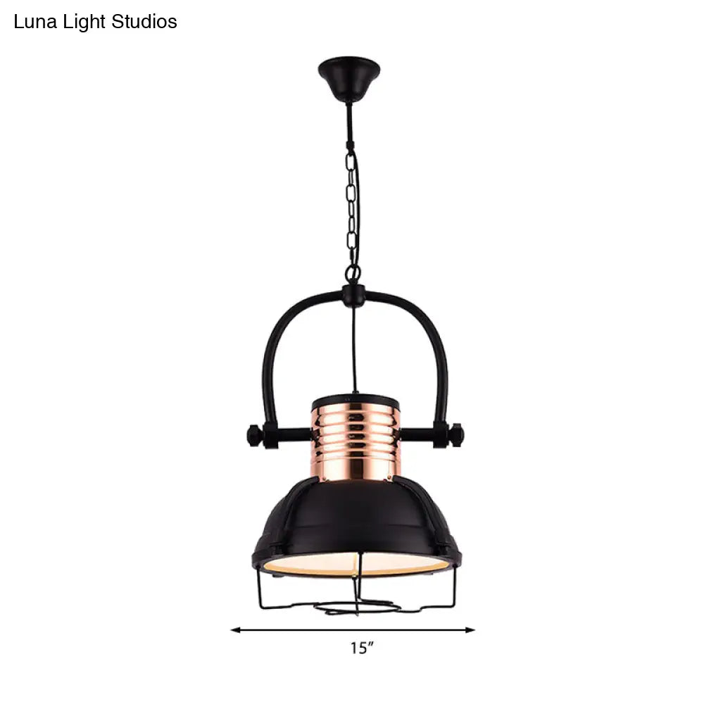 Matte Black Industrial Pendant Light With Dome Shade Glass Diffuser And Wire Cage - 1 Ceiling