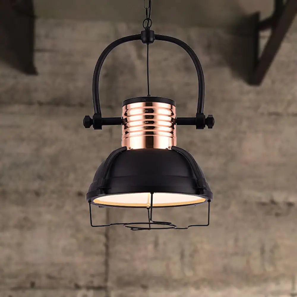 Matte Black Industrial Pendant Light With Dome Shade Glass Diffuser And Wire Cage - 1 Ceiling