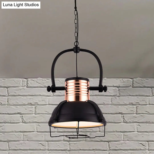 Industrial Matte Black Pendant Light With Metallic Dome Shade Glass Diffuser And Wire Cage