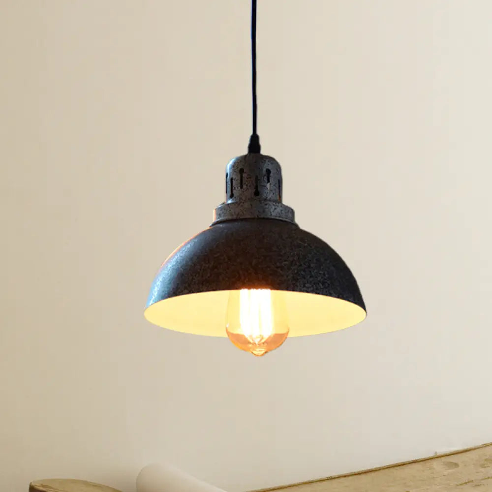 Matte Black Rustic Pendant Lamp - 1-Light Ceiling Lighting With Metallic Domed Design