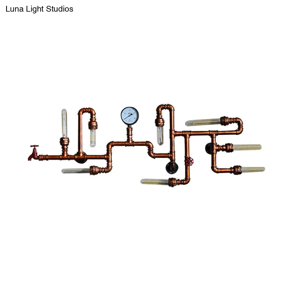 Maze Design Metal Wall Lighting With Steampunk Pressure Gauge - Bronze 8-Light Bathroom Sconce