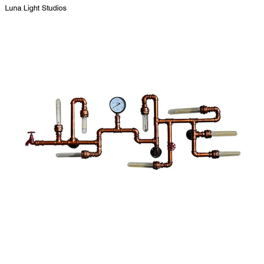 Maze Design Metal Wall Lighting With Steampunk Pressure Gauge - Bronze 8-Light Bathroom Sconce